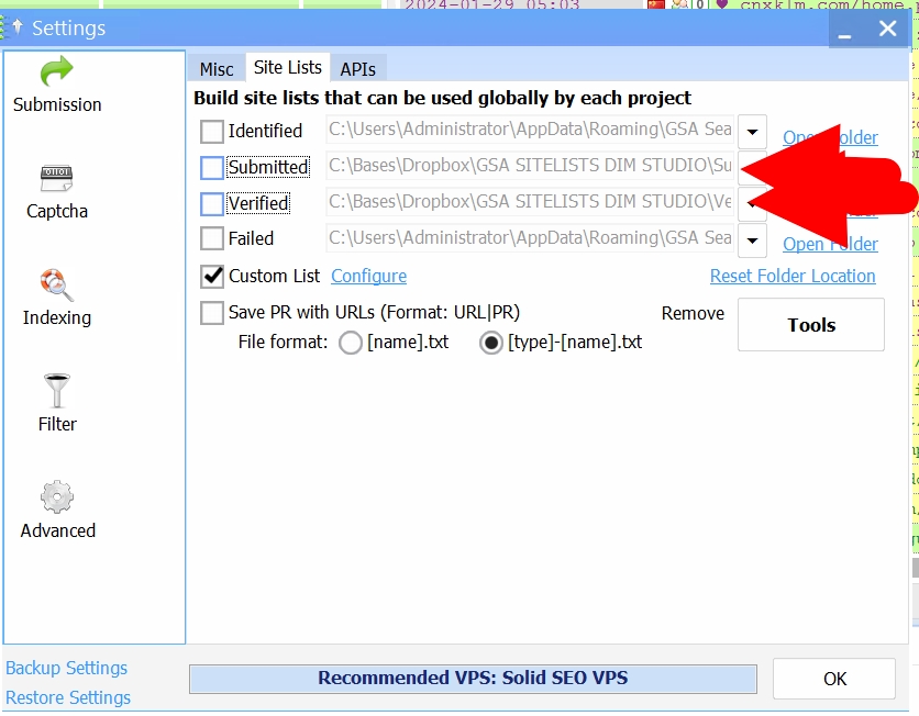 Настройки GSA SER